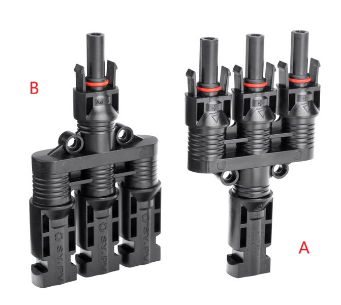 Side-by-side comparison of PVconnectorpro BM31-A and BM31-B 1000V DC solar PV branch connectors on white background.
