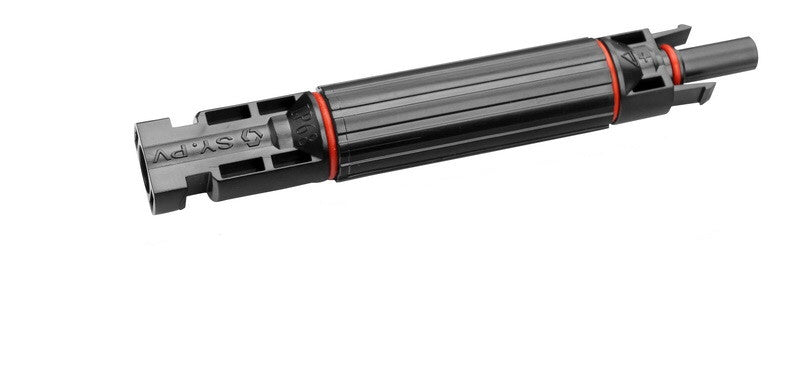 Close-up of PVconnectorpro SY-CF4A 1000V DC solar fuse connector with black PPO housing and red sealing ring, IP67 rated.