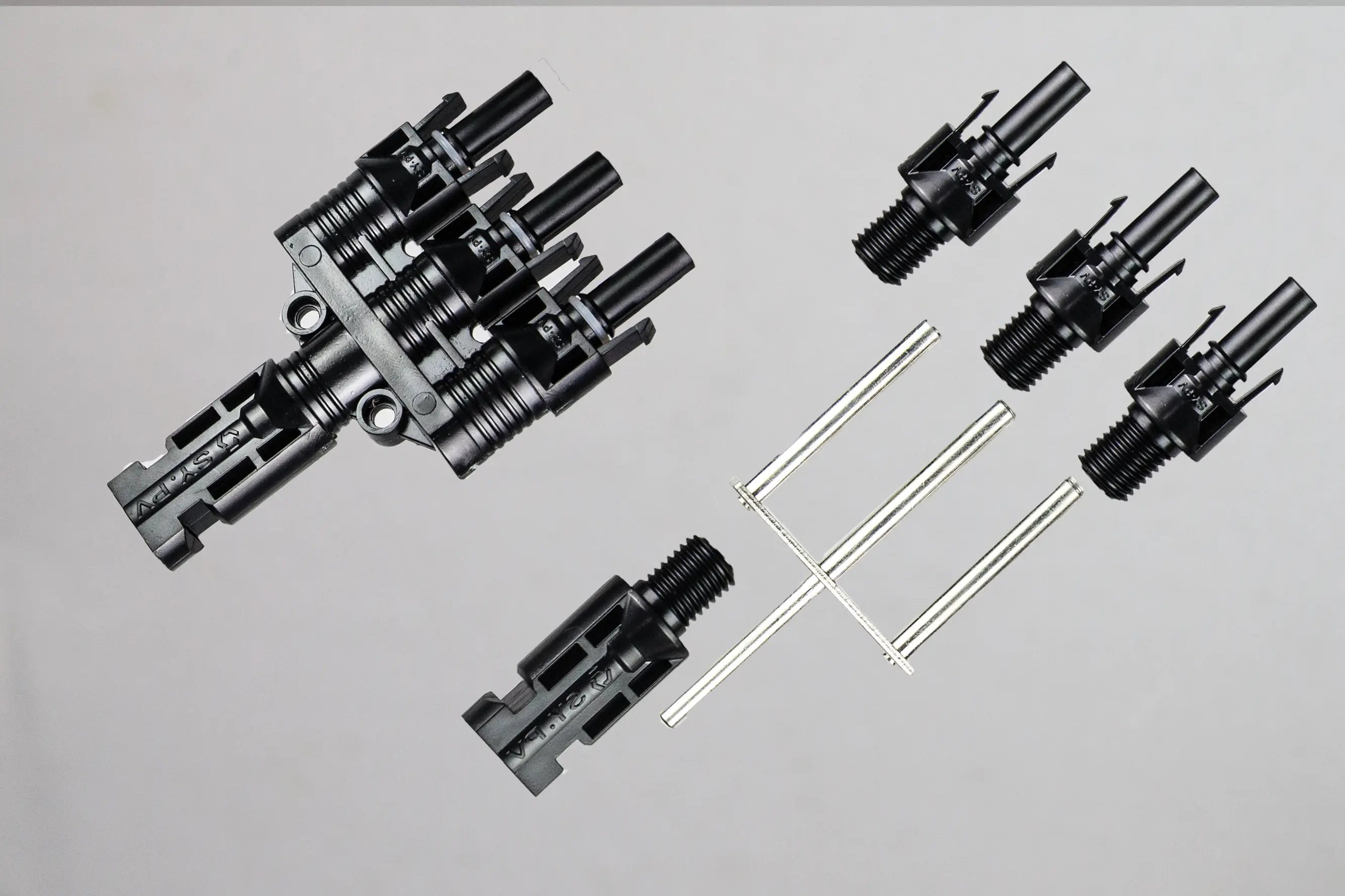 Exploded view of PVconnectorpro BM31-A/B 1000V DC solar PV branch connector showing internal components and main housing.