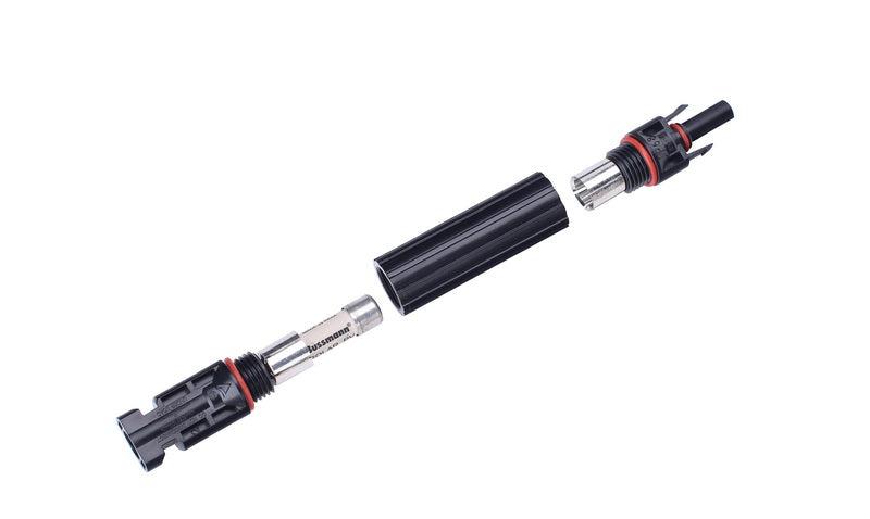 Exploded view of PVconnectorpro SY-CF4A 1000V DC solar fuse connector showing male plug, fuse compartment, and female plug for PV string safety