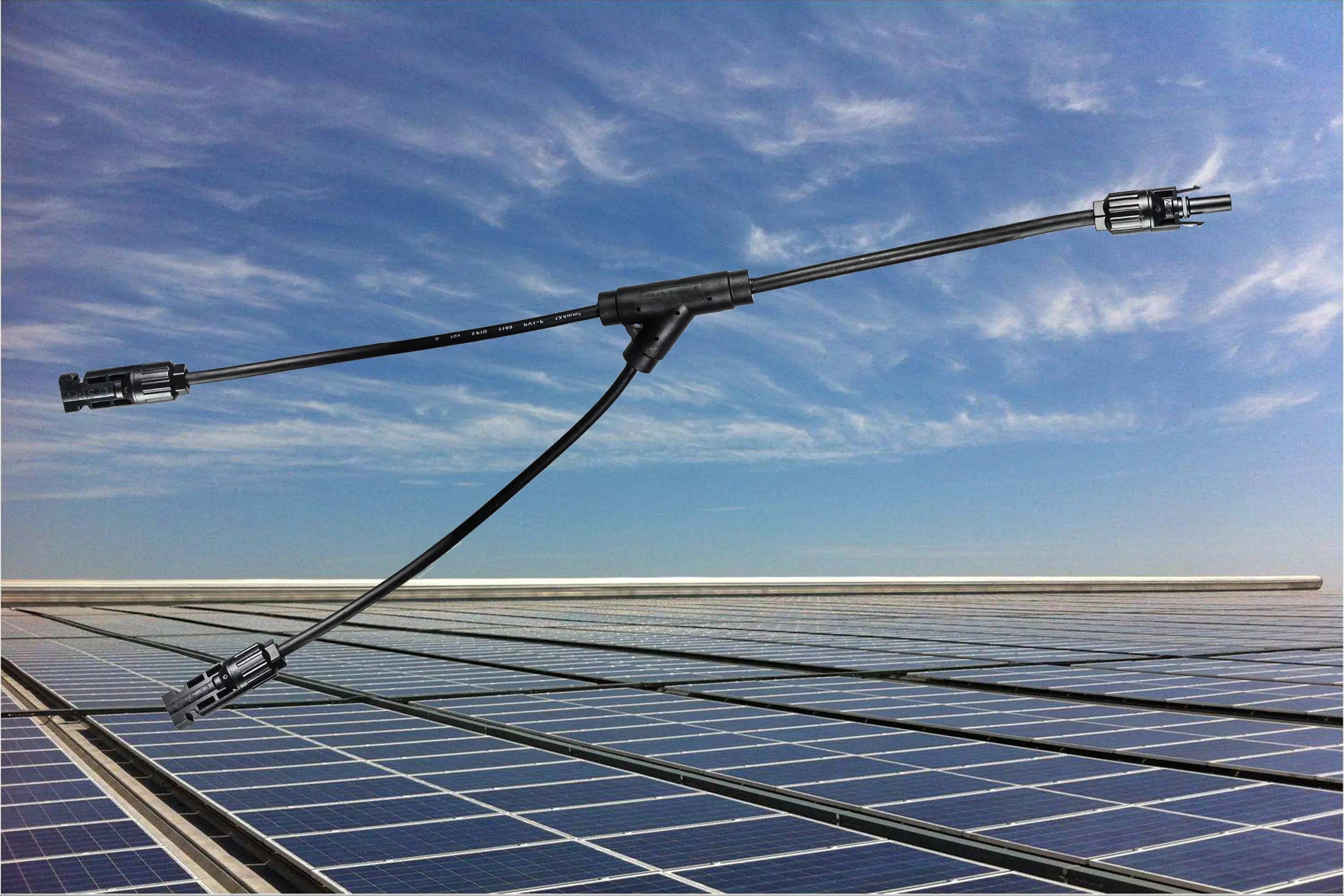 PVconnectorpro CM21-A 1000V DC solar Y-branch connector on rooftop solar panel array, waterproof IP67, TUV & UL certified.