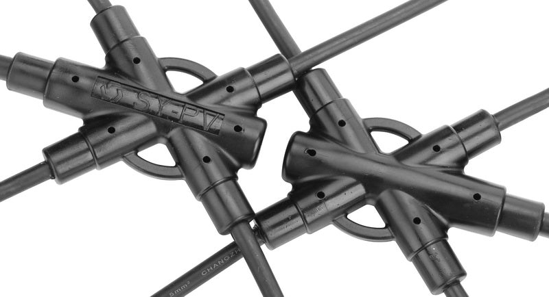 Detailed view of PVconnectorpro CM41-A 1000V DC solar PV X-type 4-way branch connector with mounting holes, waterproof IP67, 20A-40A.