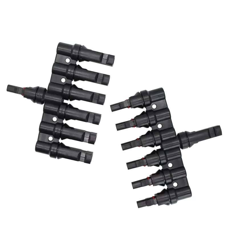 IP68 dust-proof solar panel branch connector with tin-plated copper contacts, 6-to-1 T-type MC4 compatible PV cable adapter.