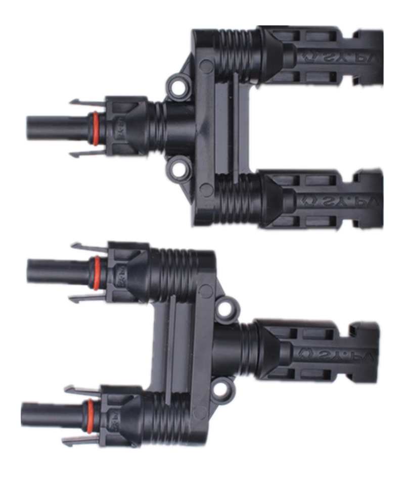 IP67 waterproof PV multi-branch connector for solar panels, 2-to-1 junction with MC4 compatibility, suitable for 30A 1000V DC photovoltaic wiring