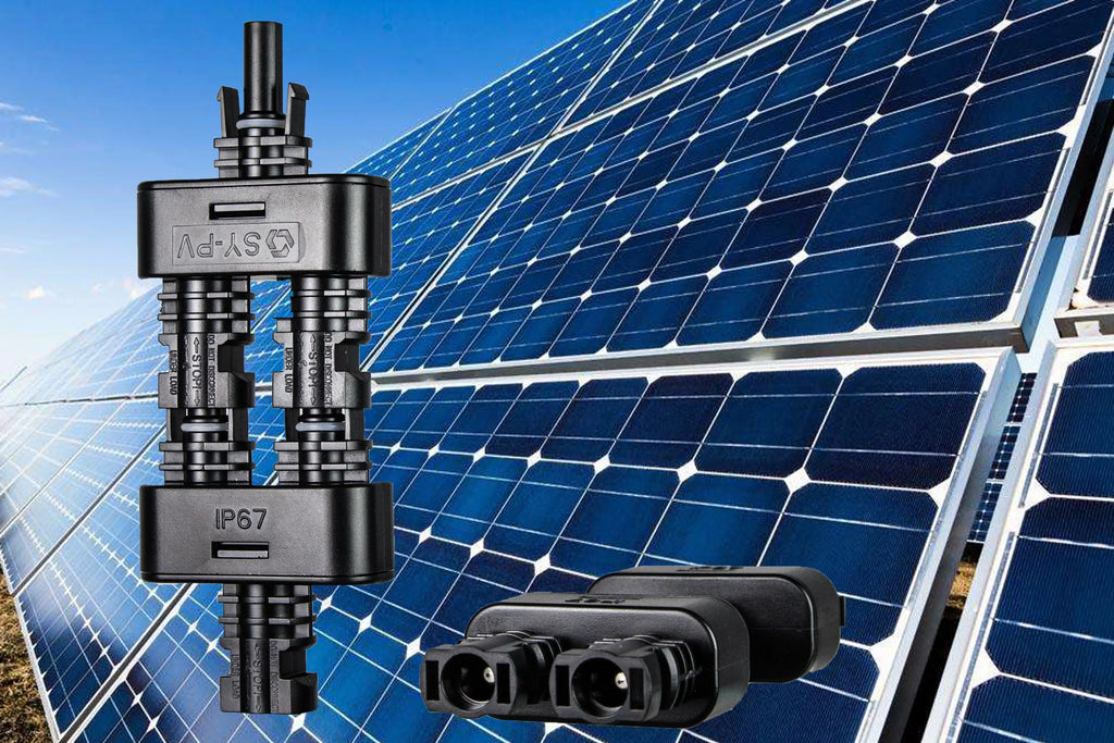 IP67 waterproof PVconnectorpro solar connector with dual-head design for high-current DC power in photovoltaic panel wiring.