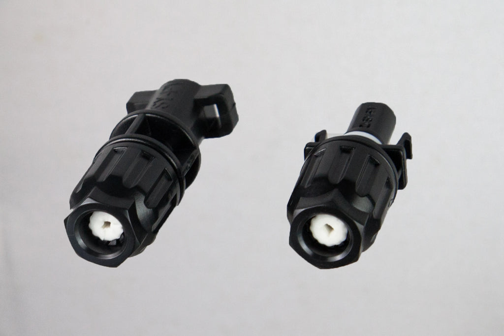 PVconnectorpro CC2A miniature solar photovoltaic connector with male and female ports, IP67 waterproof seal, suitable for 0.75-2.5mm² cables.
