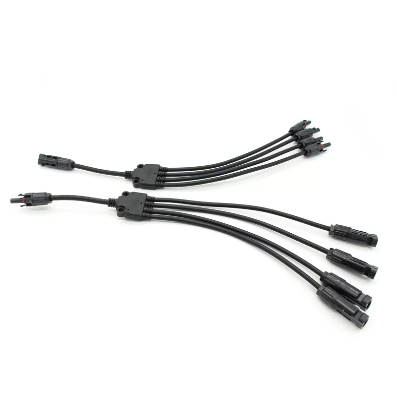 IP68 waterproof Y-type solar branch connector by PVconnectorpro, 4-to-1 MC4 compatible PV cable adapter with copper contacts.